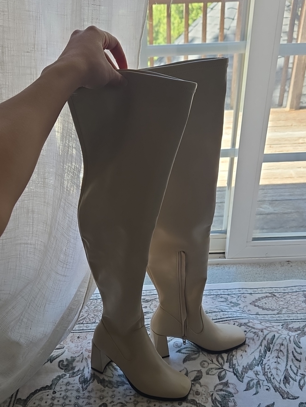 Over-the-Knee Cream Block Heel Boots - Sleek Women's Riding Style